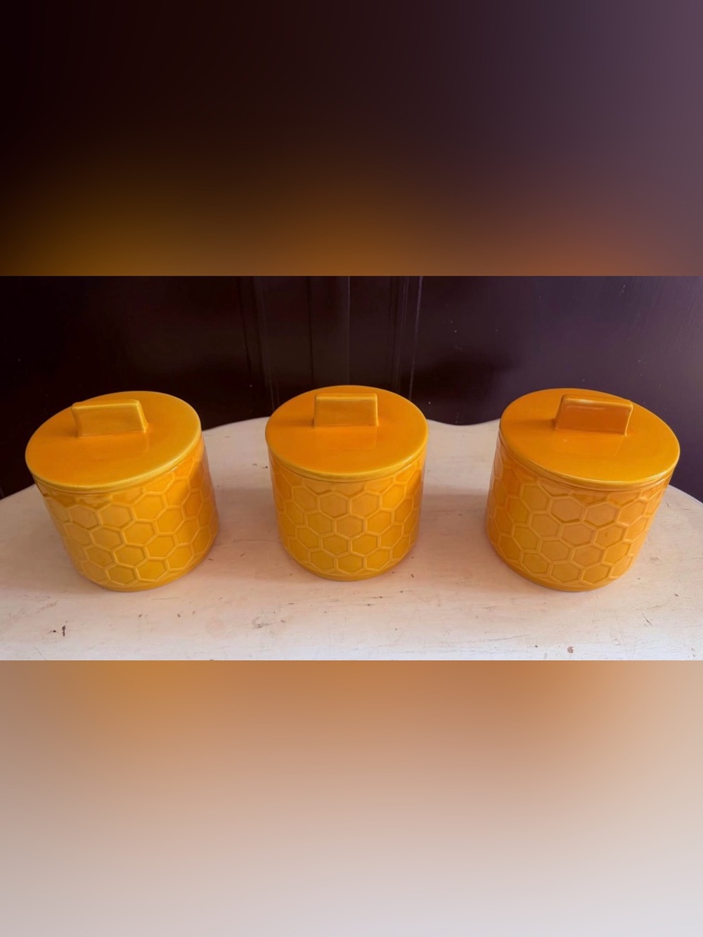 Yellow Honeycomb Ceramic Canister with Lid - Set of 3